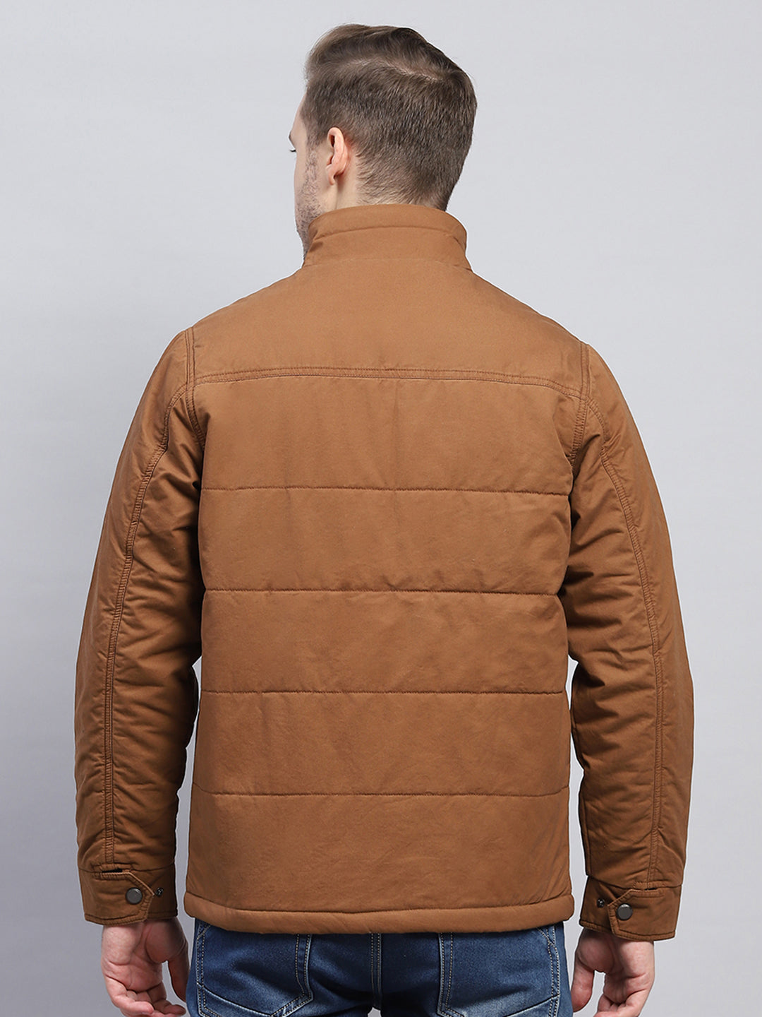 Men Brown Solid Mock Neck Full Sleeve Jacket
