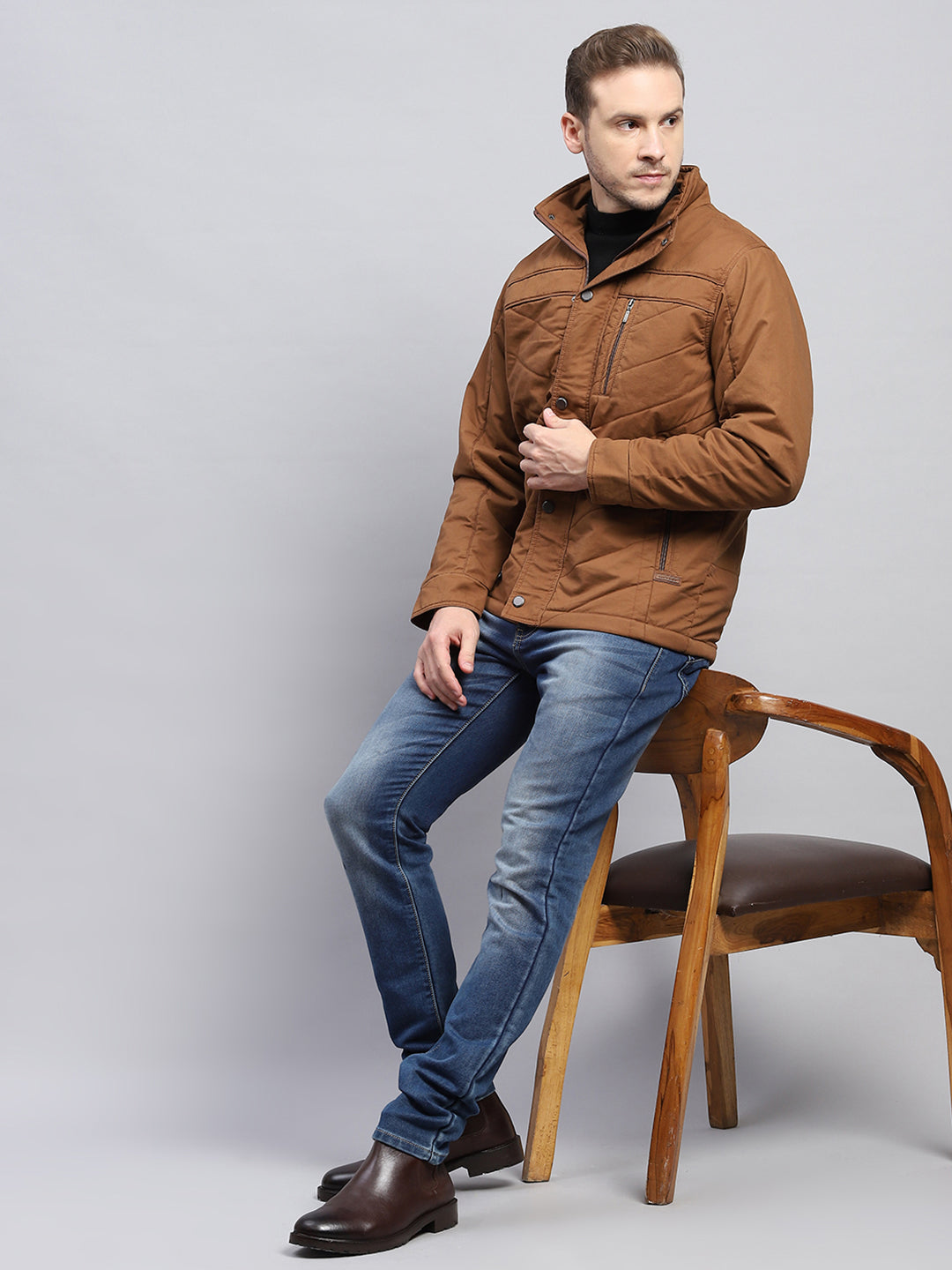 Men Brown Solid Mock Neck Full Sleeve Jacket