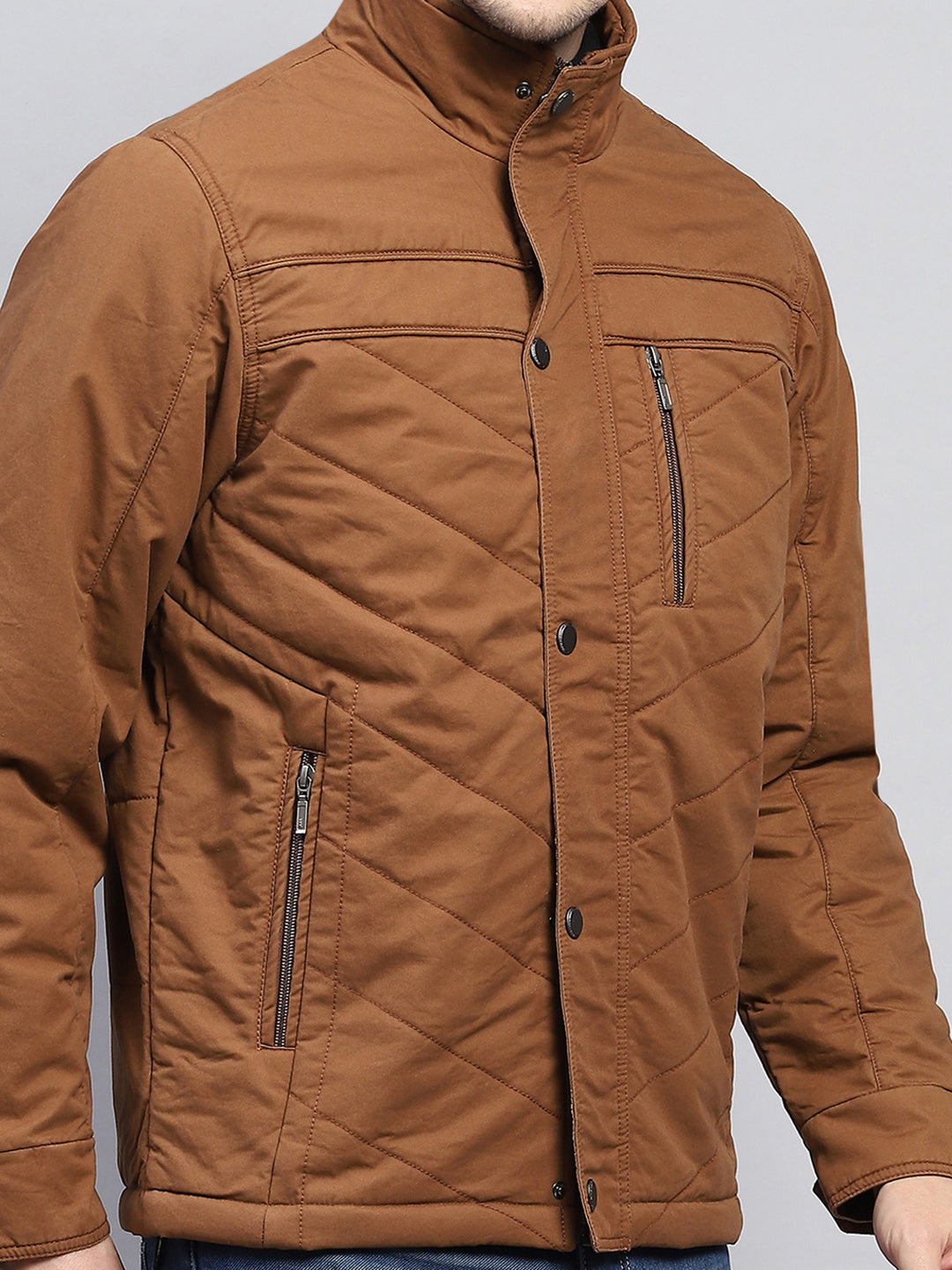 Men Brown Solid Mock Neck Full Sleeve Jacket