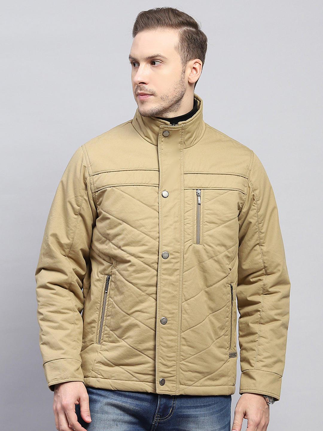 Men Beige Solid Mock Neck Full Sleeve Jacket