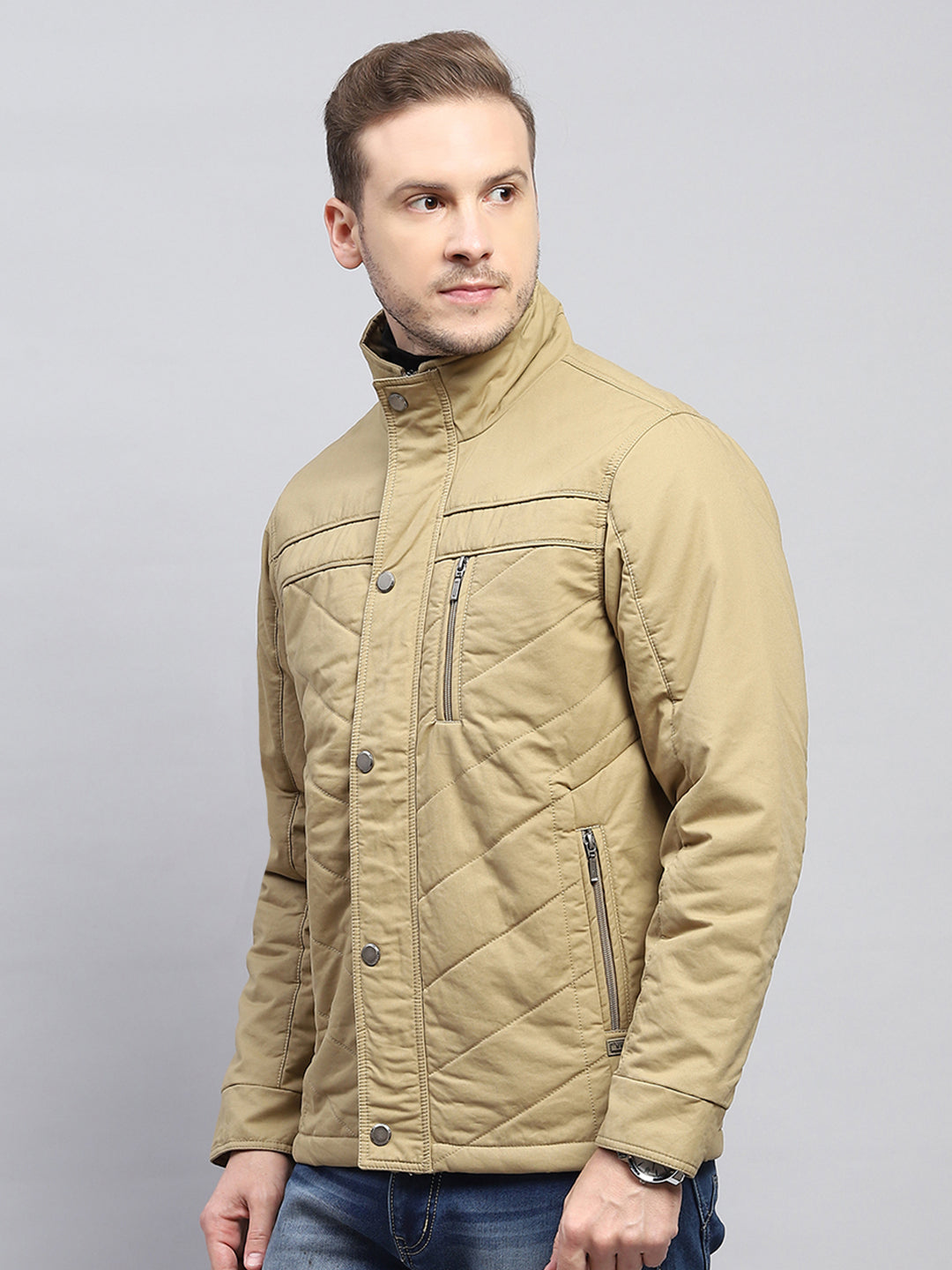 Men Beige Solid Mock Neck Full Sleeve Jacket