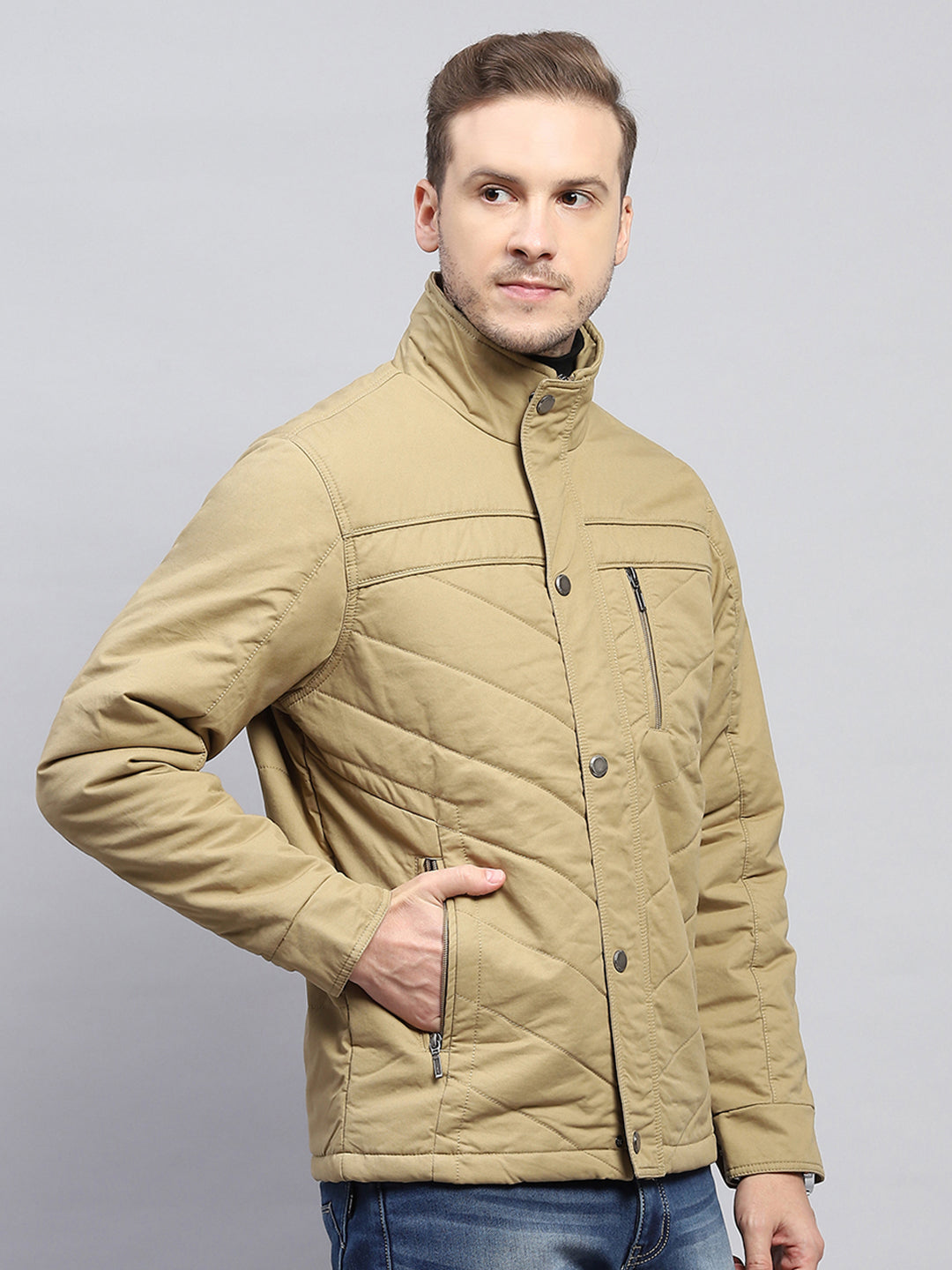 Men Beige Solid Mock Neck Full Sleeve Jacket