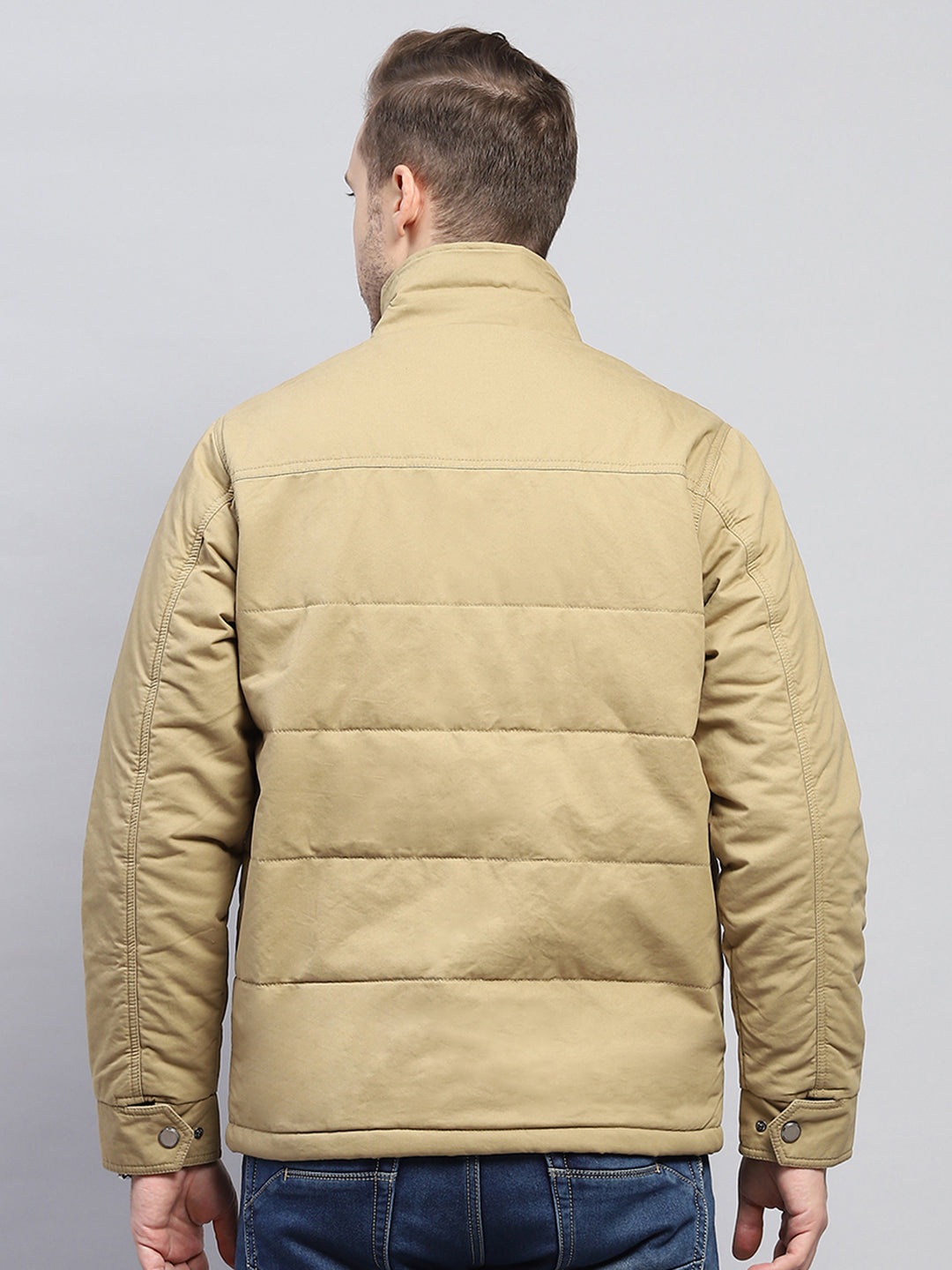 Men Beige Solid Mock Neck Full Sleeve Jacket