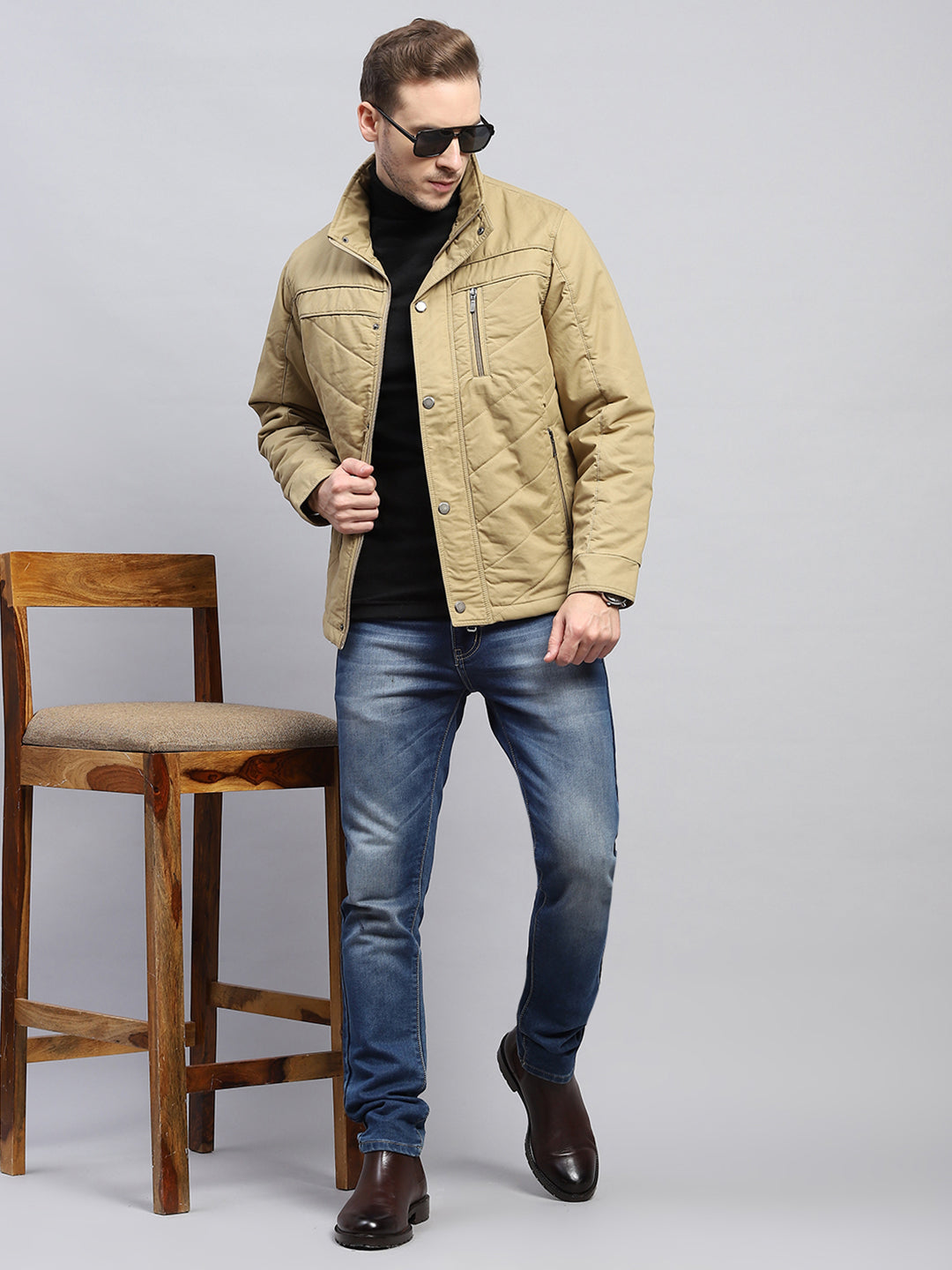 Men Beige Solid Mock Neck Full Sleeve Jacket