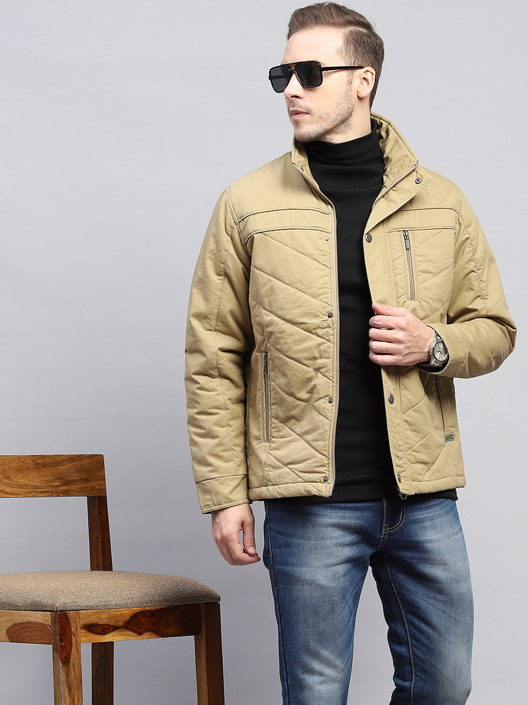 Men Beige Solid Mock Neck Full Sleeve Jacket