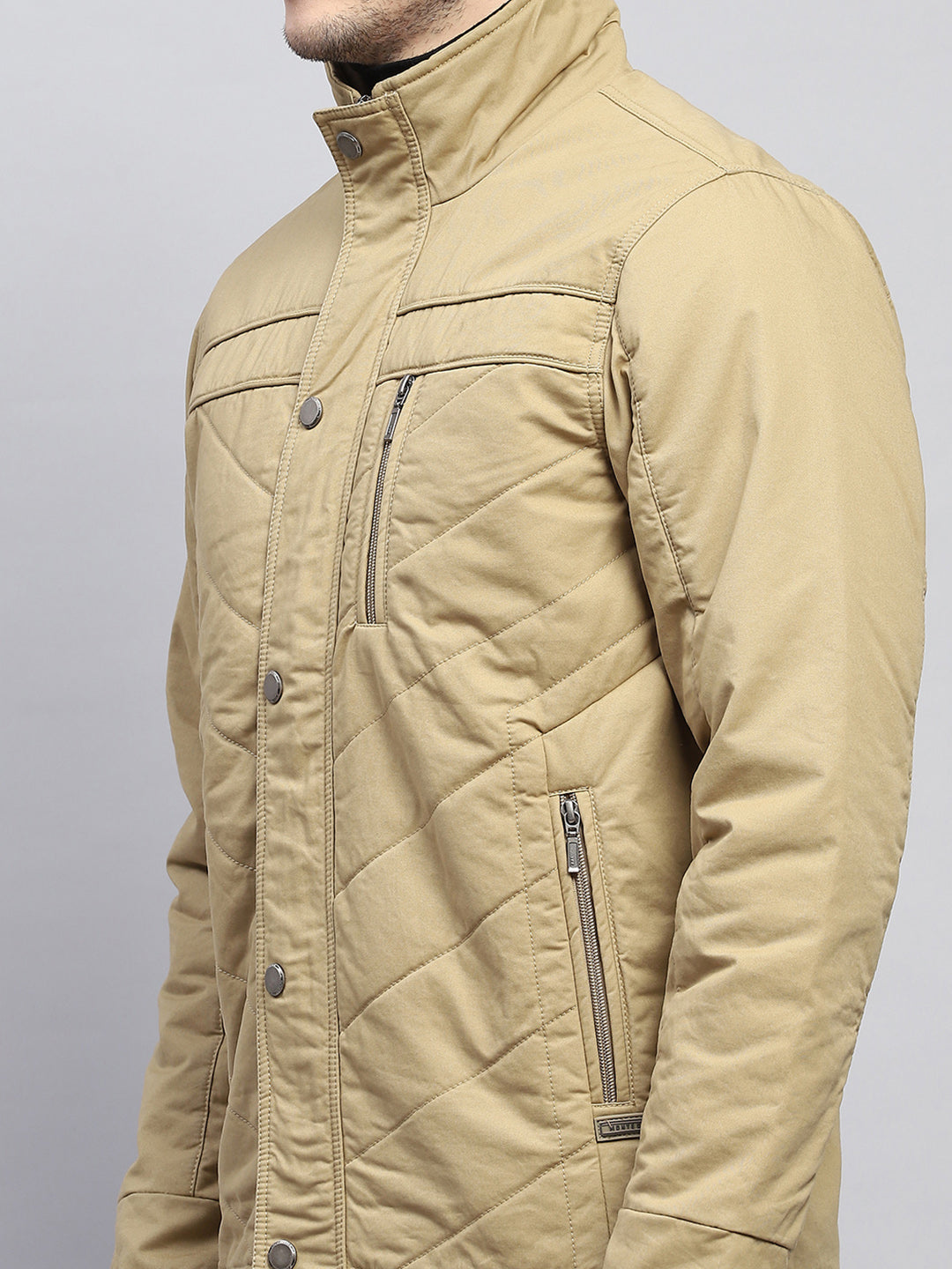 Men Beige Solid Mock Neck Full Sleeve Jacket