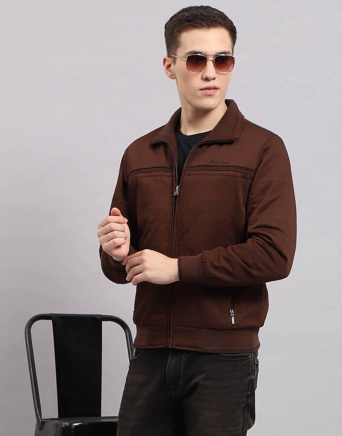 Men Brown Solid Collar Full Sleeve Jacket