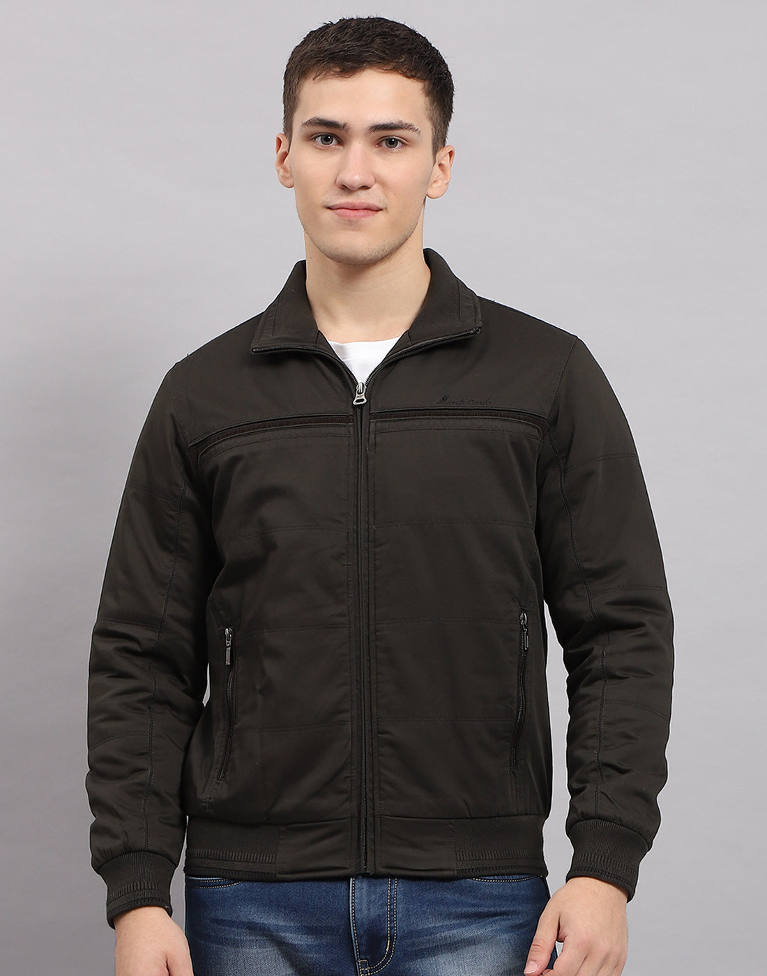 Men Olive Solid Collar Full Sleeve Jacket