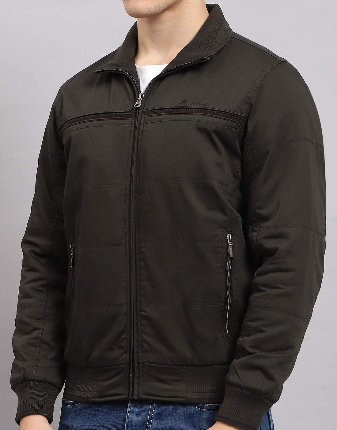 Men Olive Solid Collar Full Sleeve Jacket