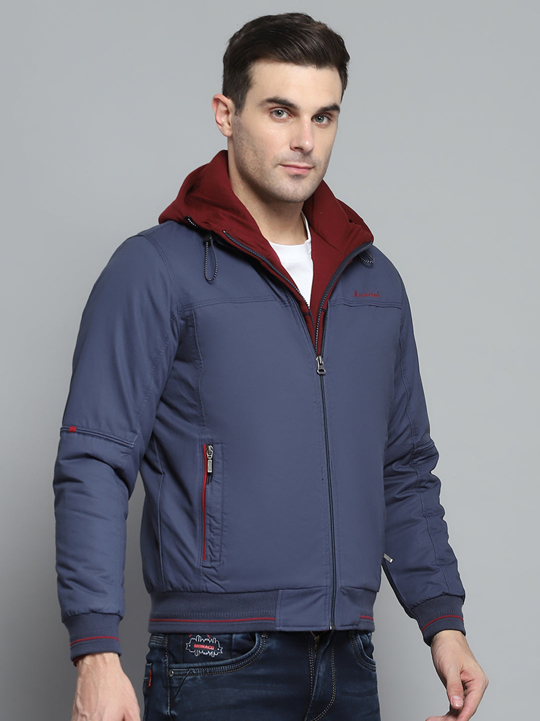 Men Blue Solid Hooded Full Sleeve Jacket
