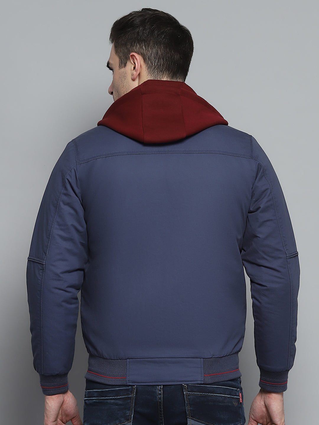 Men Blue Solid Hooded Full Sleeve Jacket