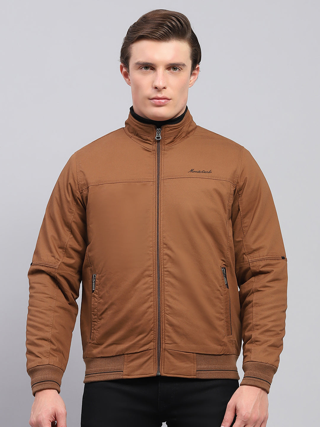 Men Brown Solid Mock Neck Full Sleeve Jacket