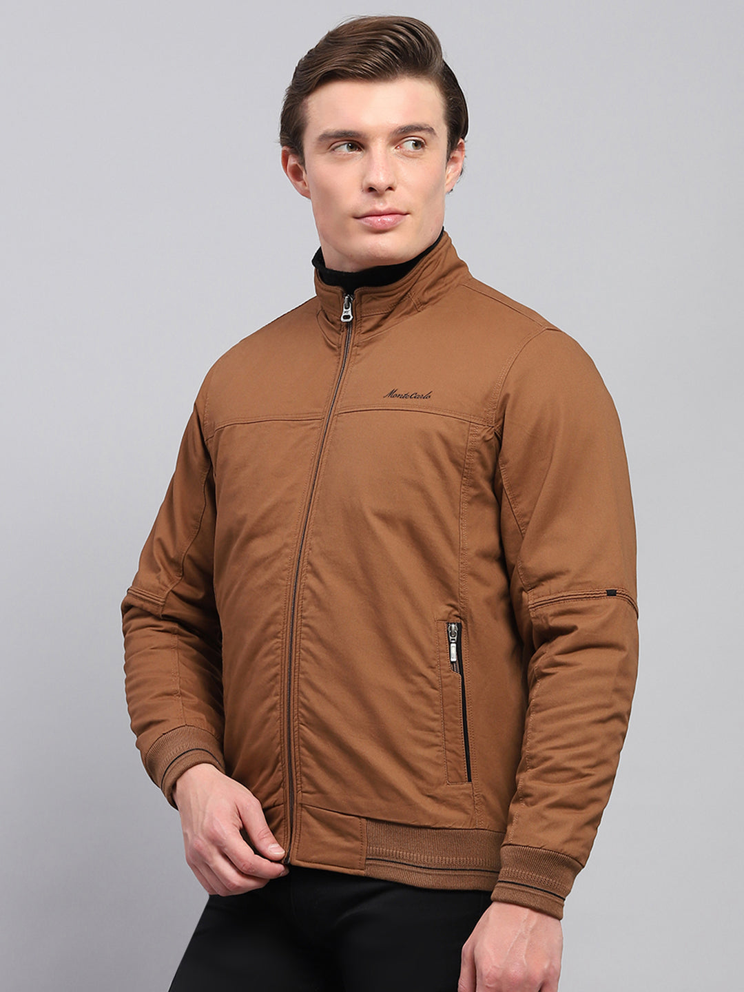 Men Brown Solid Mock Neck Full Sleeve Jacket