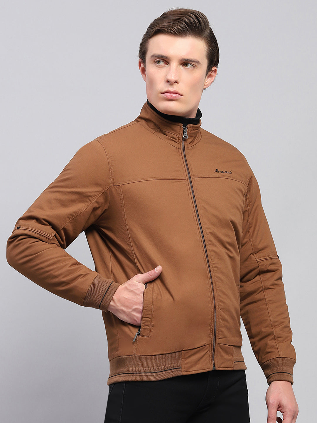 Men Brown Solid Mock Neck Full Sleeve Jacket