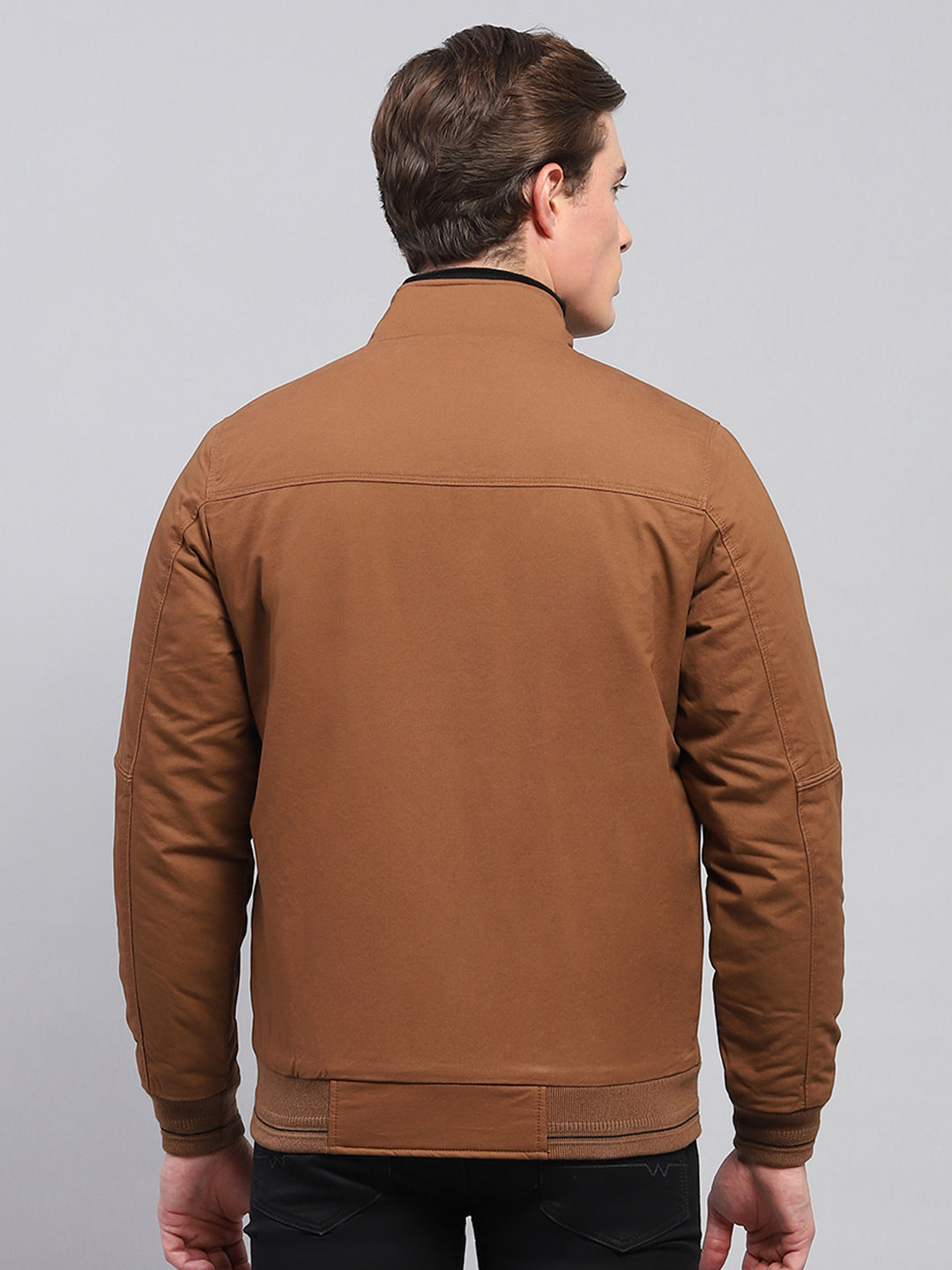 Men Brown Solid Mock Neck Full Sleeve Jacket