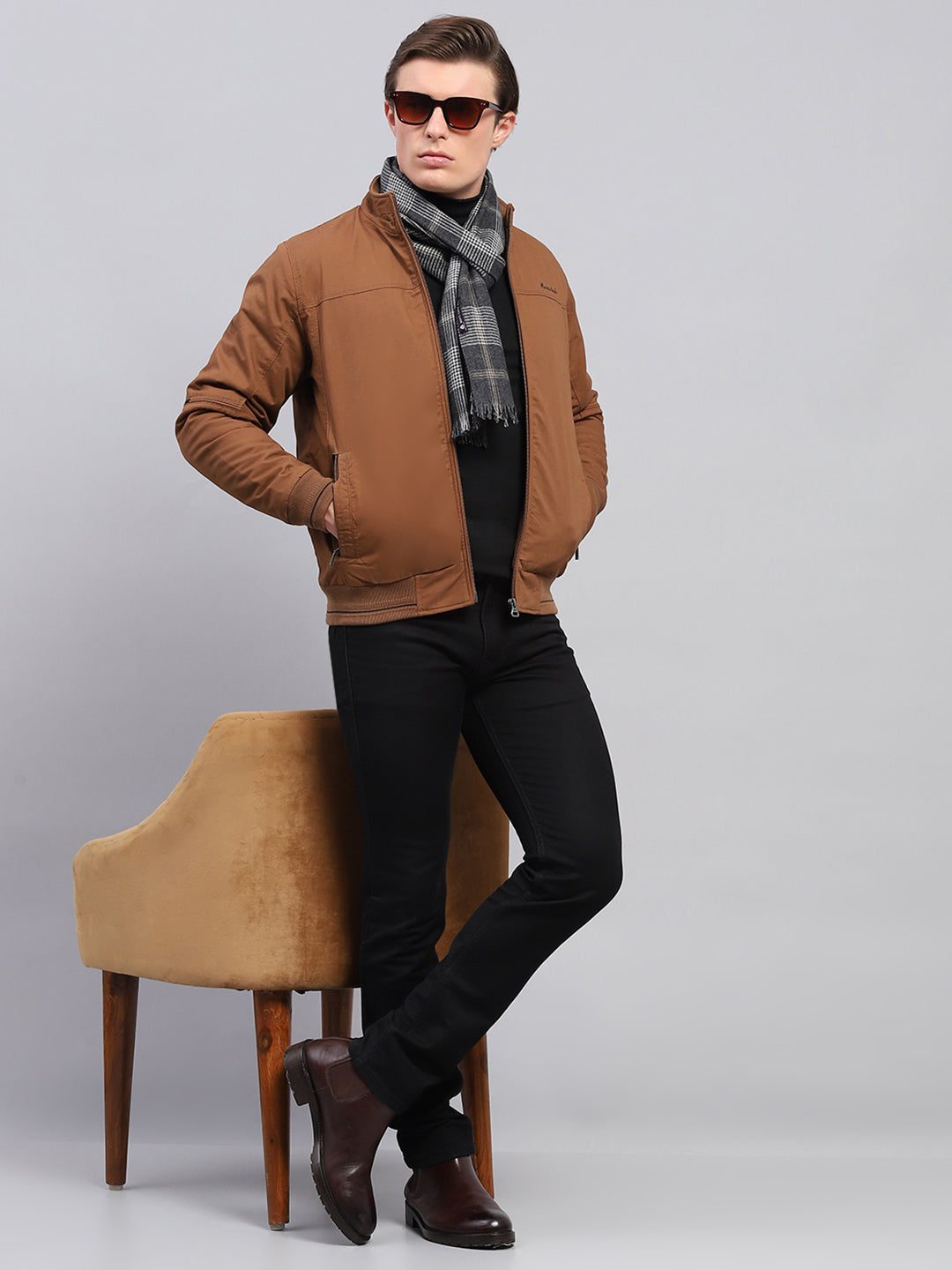 Men Brown Solid Mock Neck Full Sleeve Jacket