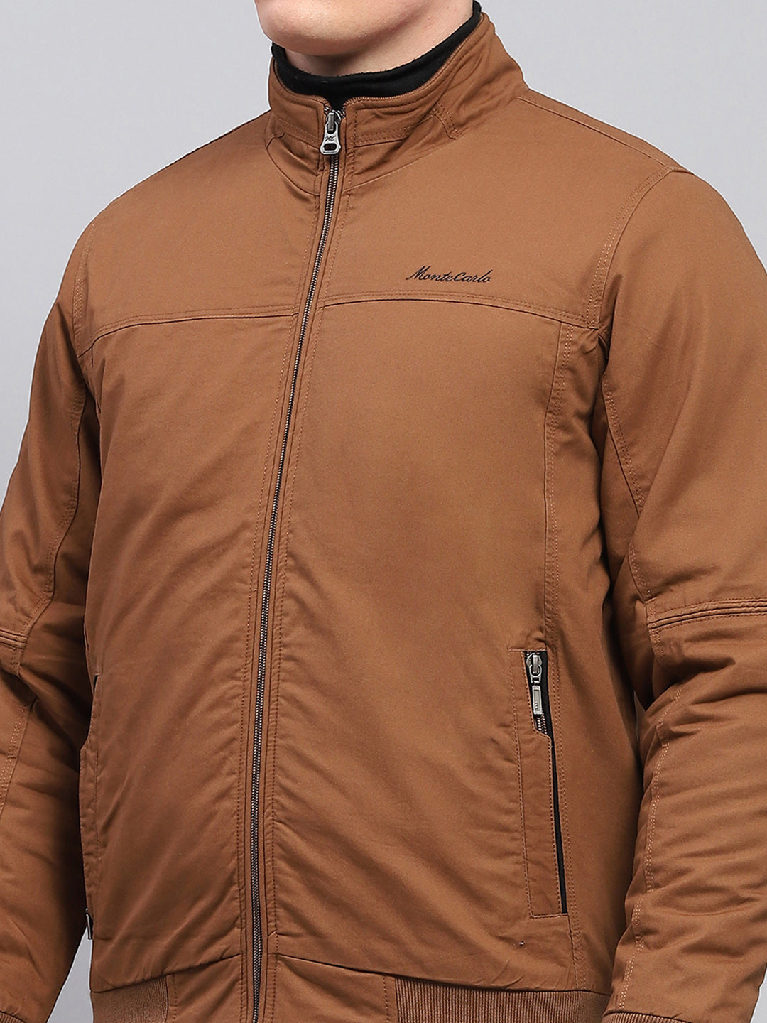 Men Brown Solid Mock Neck Full Sleeve Jacket