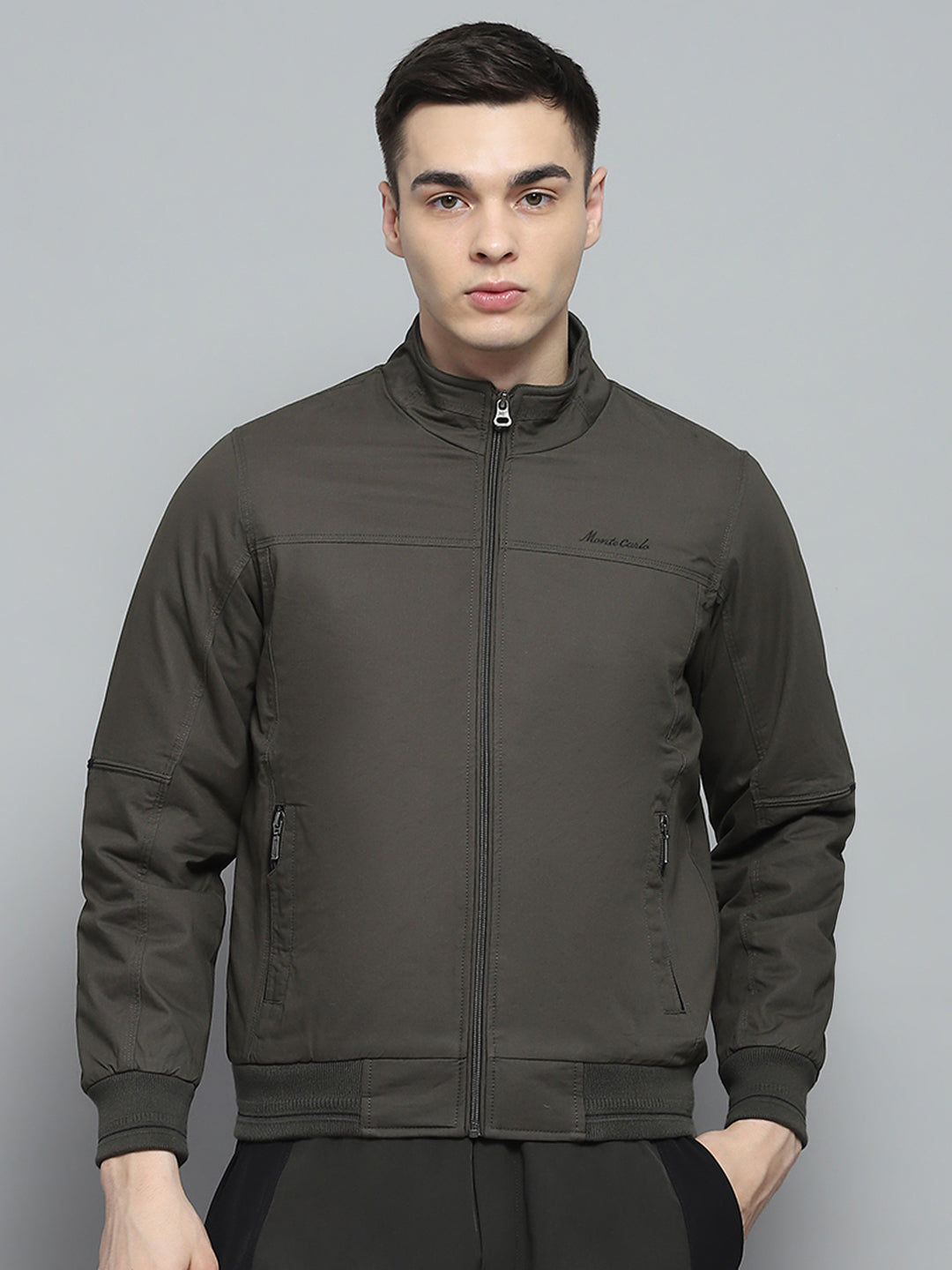 Men Olive Solid Mock Neck Full Sleeve Jacket