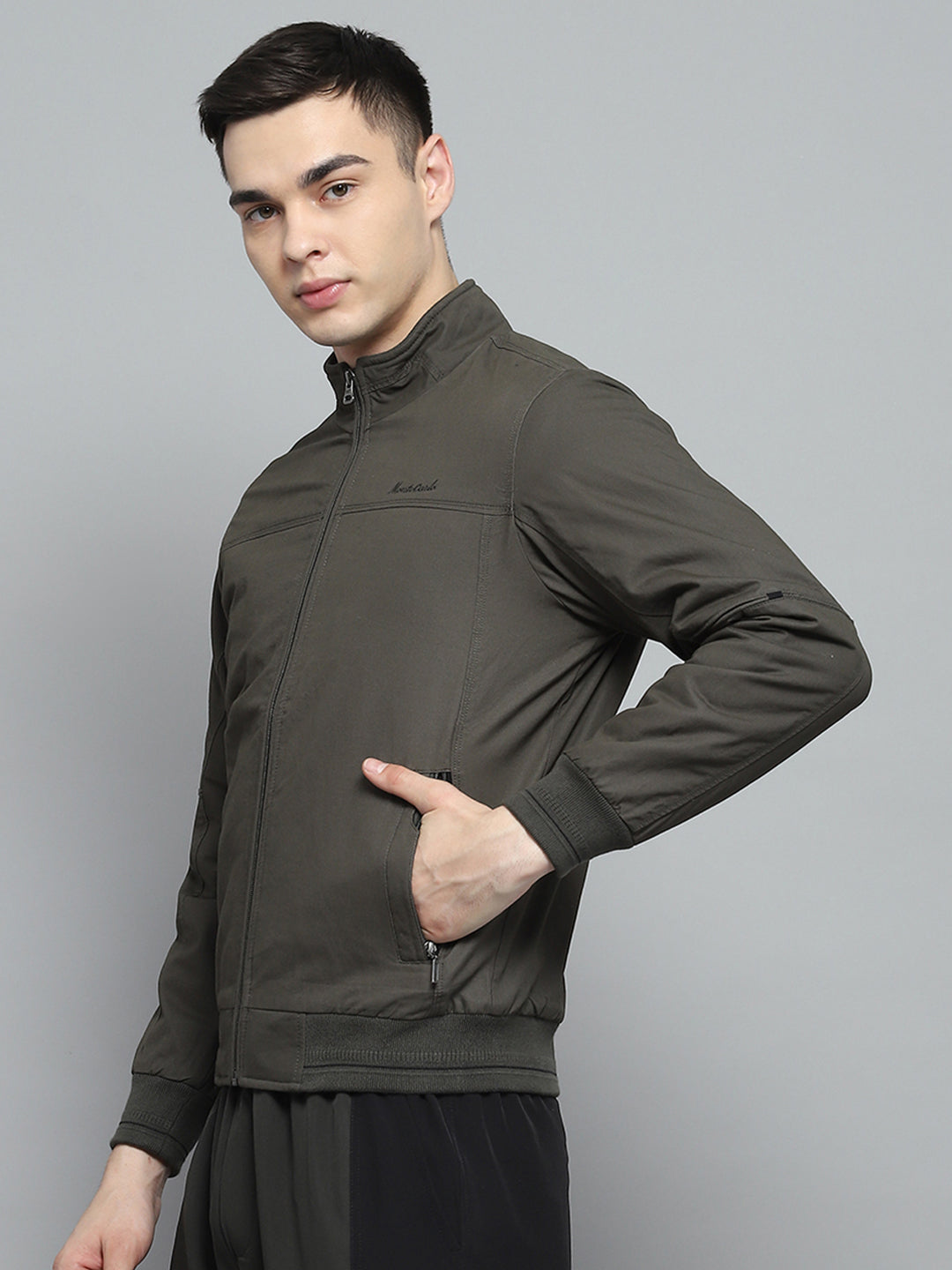 Men Olive Solid Mock Neck Full Sleeve Jacket