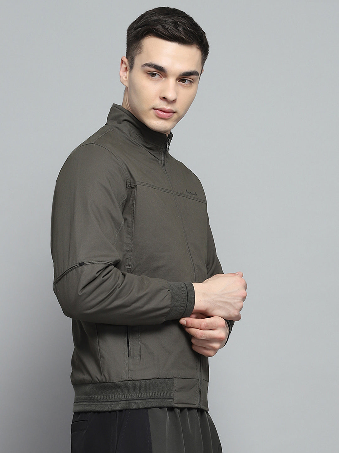 Men Olive Solid Mock Neck Full Sleeve Jacket