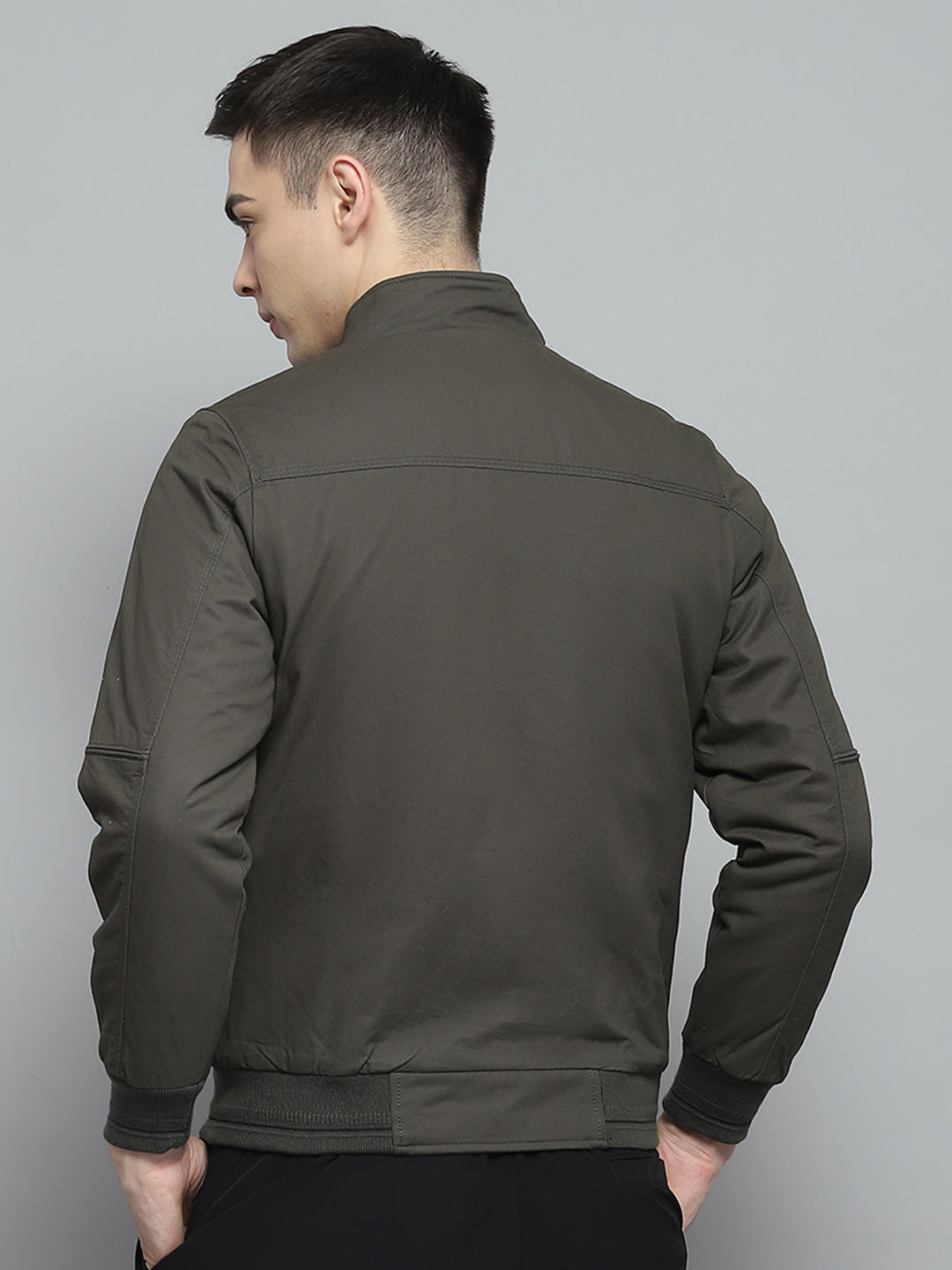 Men Olive Solid Mock Neck Full Sleeve Jacket