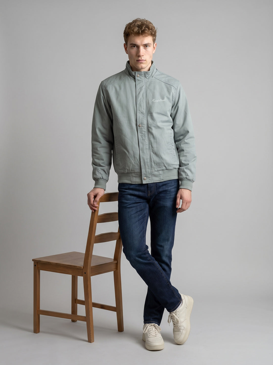 Men Blue Solid Mandarin Collar Full Sleeve Bomber Jacket