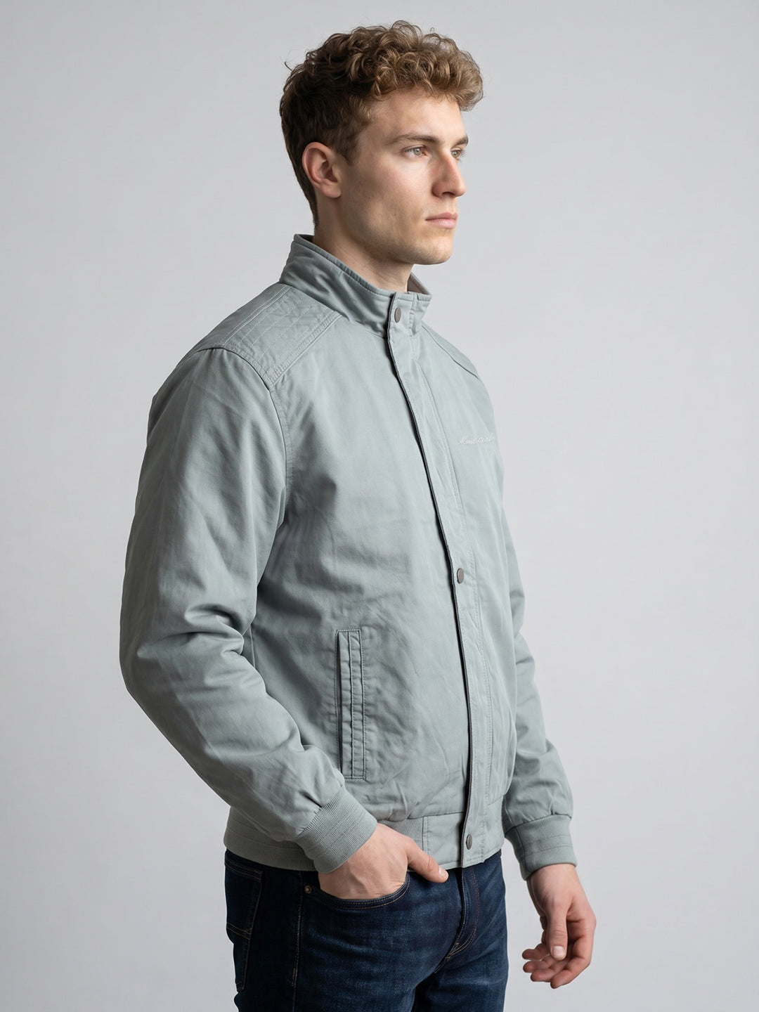 Men Blue Solid Mandarin Collar Full Sleeve Bomber Jacket