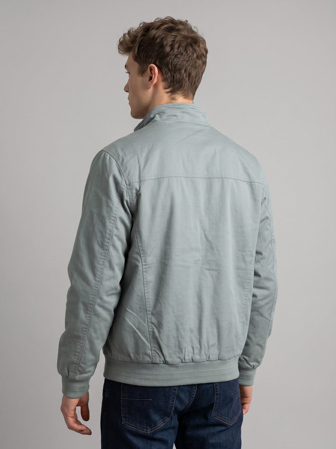 Men Blue Solid Mandarin Collar Full Sleeve Bomber Jacket