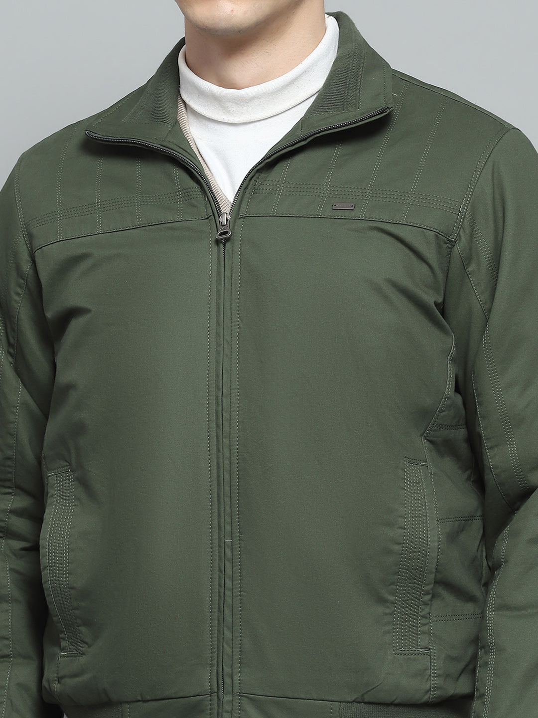 Men Olive Solid Collar Full Sleeve Jacket