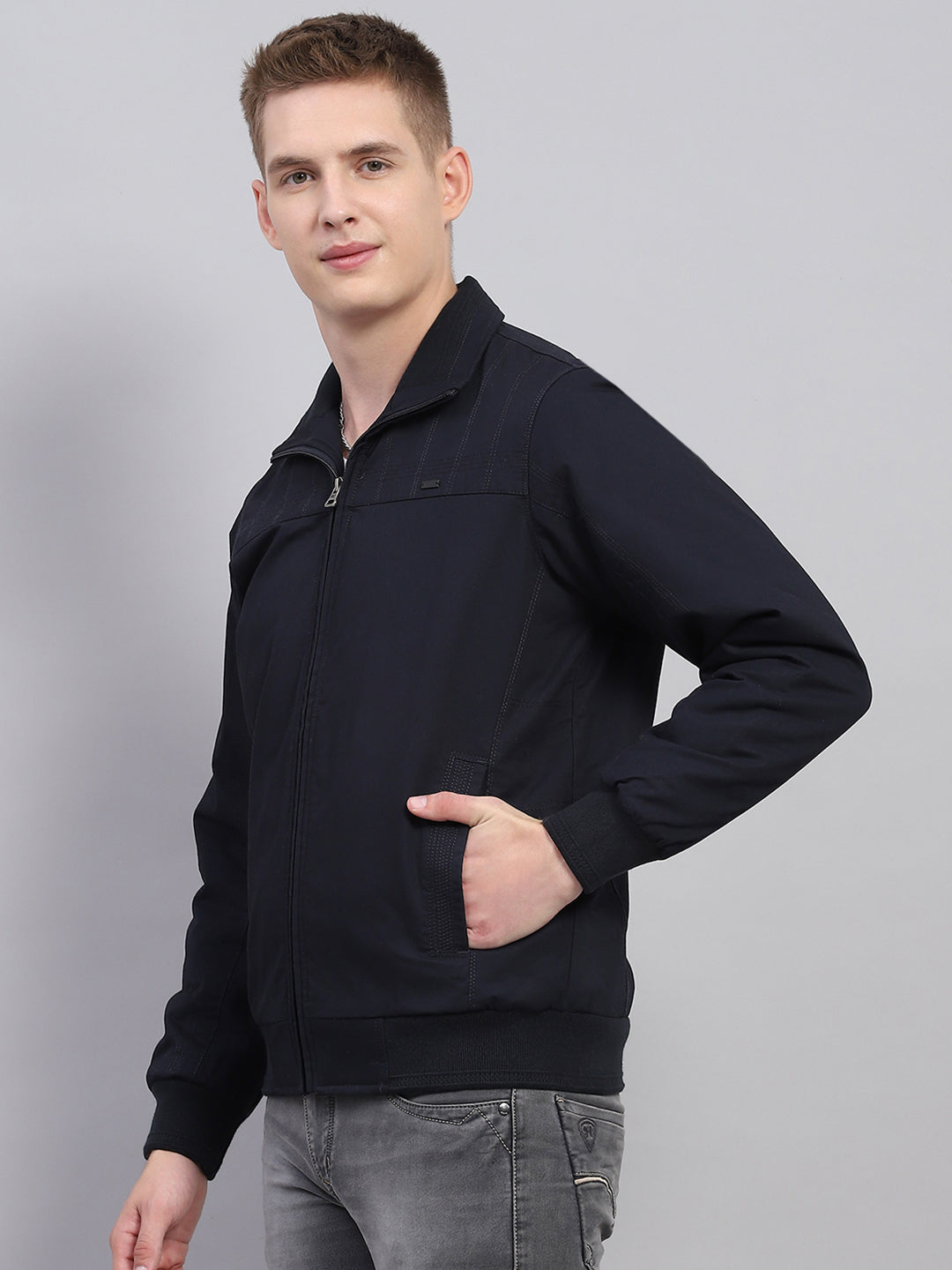 Men Navy Blue Solid Collar Full Sleeve Jacket