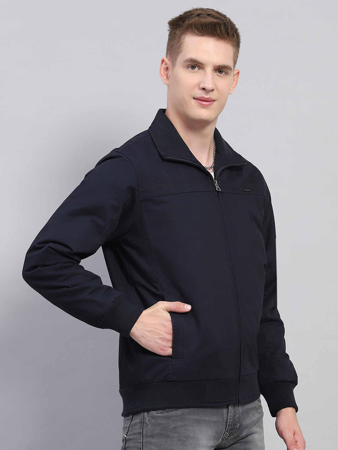 Men Navy Blue Solid Collar Full Sleeve Jacket