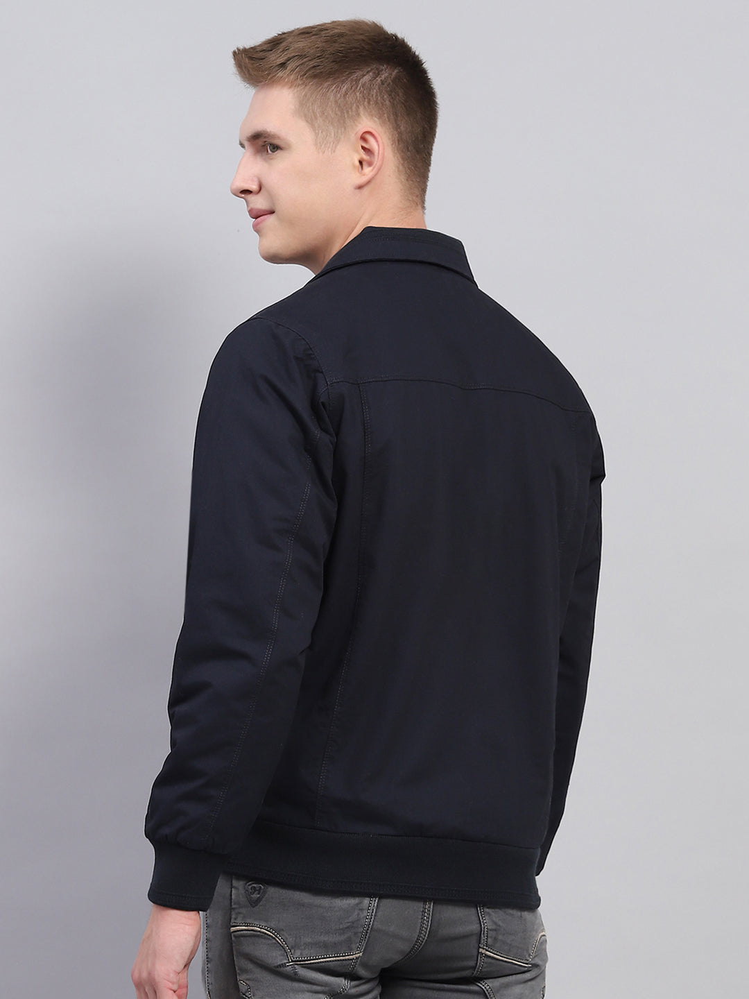 Men Navy Blue Solid Collar Full Sleeve Jacket