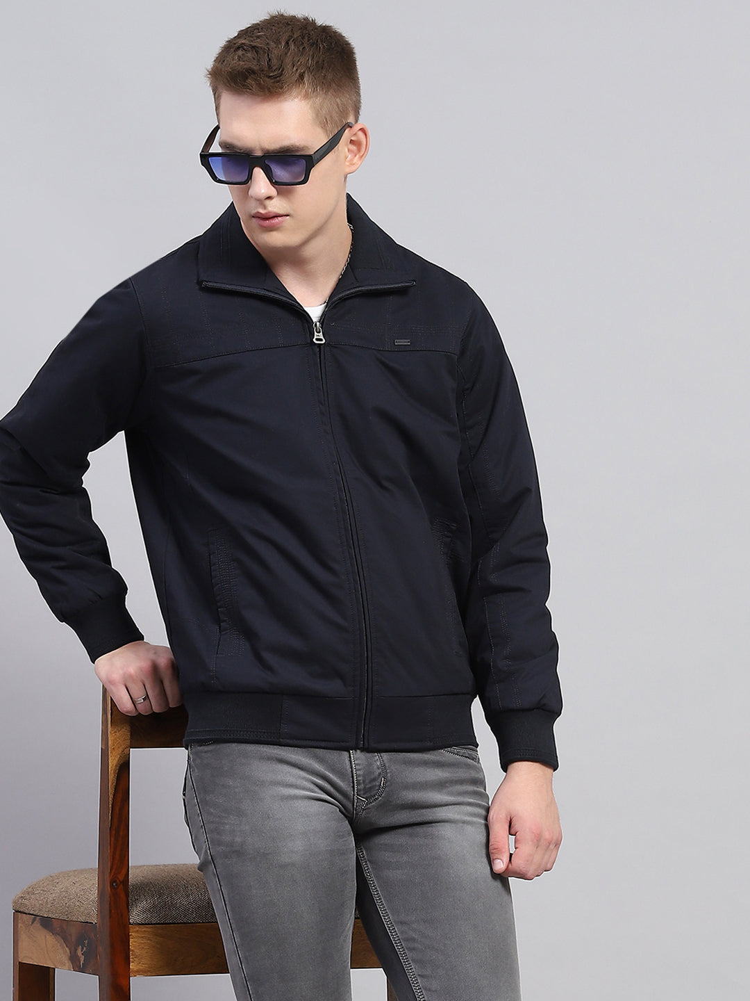 Men Navy Blue Solid Collar Full Sleeve Jacket