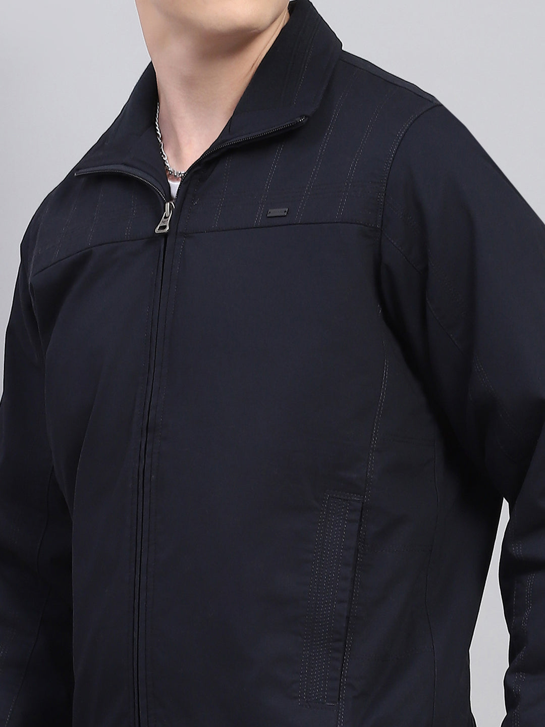 Men Navy Blue Solid Collar Full Sleeve Jacket