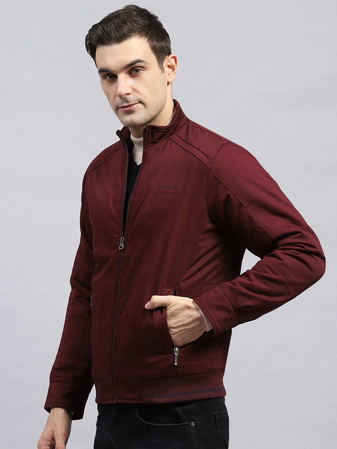 Men Maroon Solid Mock Neck Full Sleeve Jacket