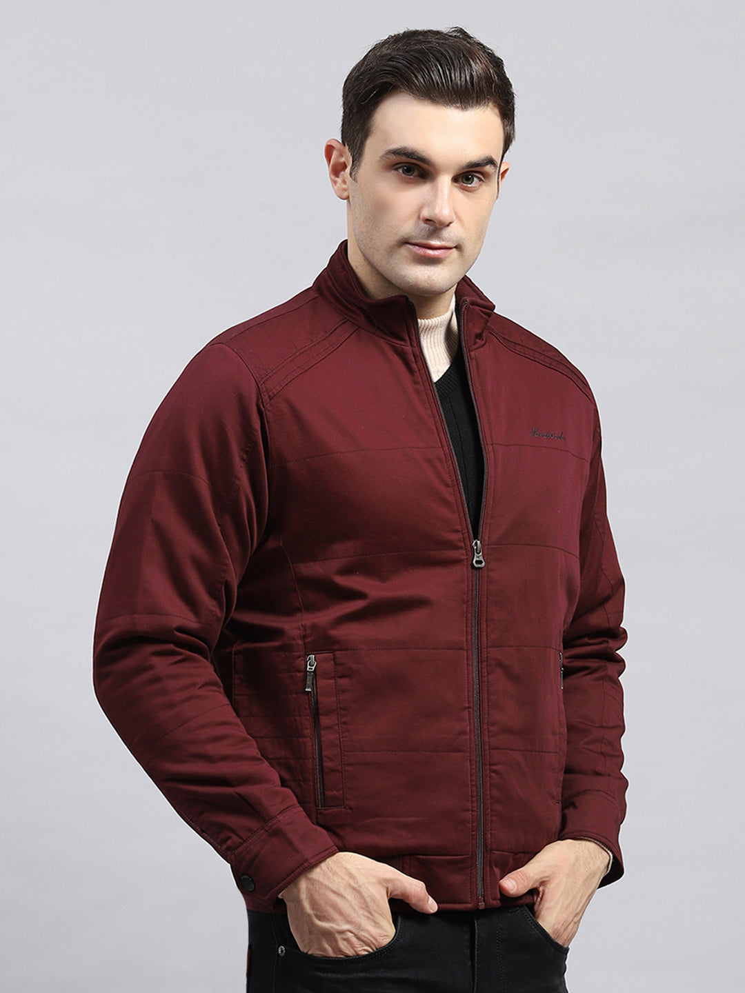 Men Maroon Solid Mock Neck Full Sleeve Jacket