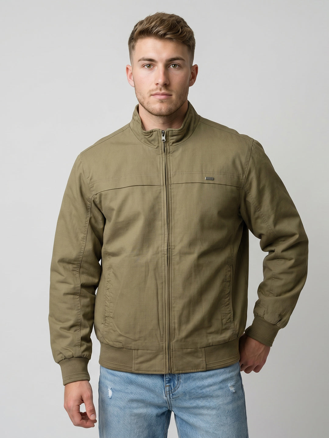 Men Khaki Solid Turtle Neck Full Sleeve Bomber Jacket
