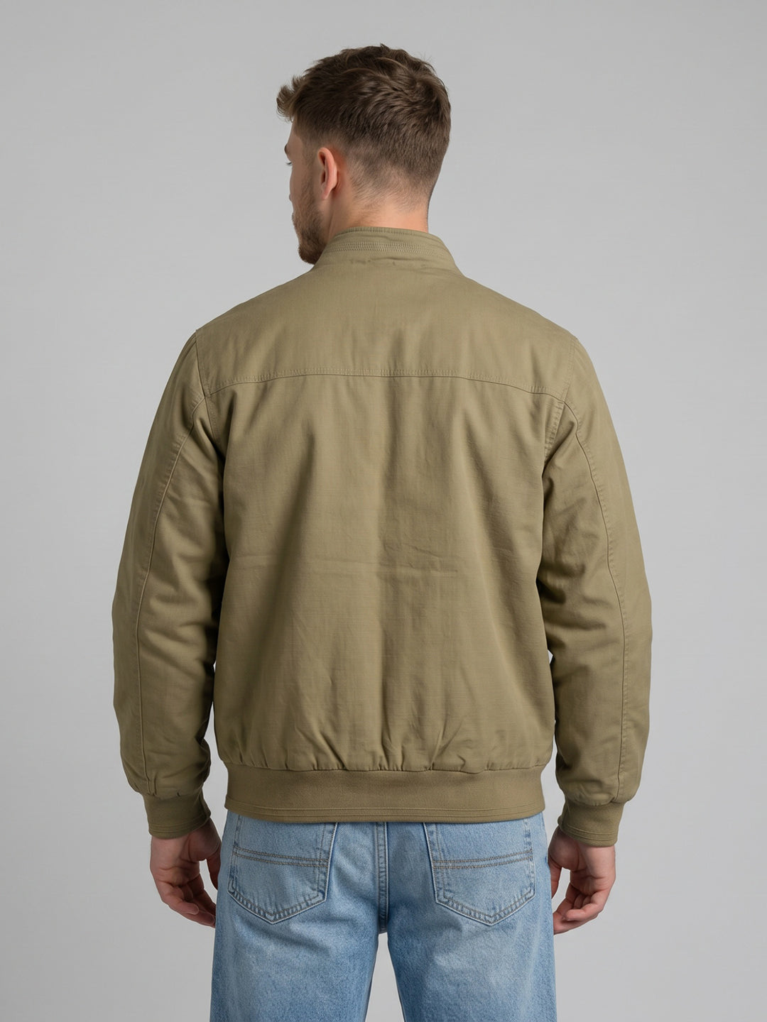 Men Khaki Solid Turtle Neck Full Sleeve Bomber Jacket