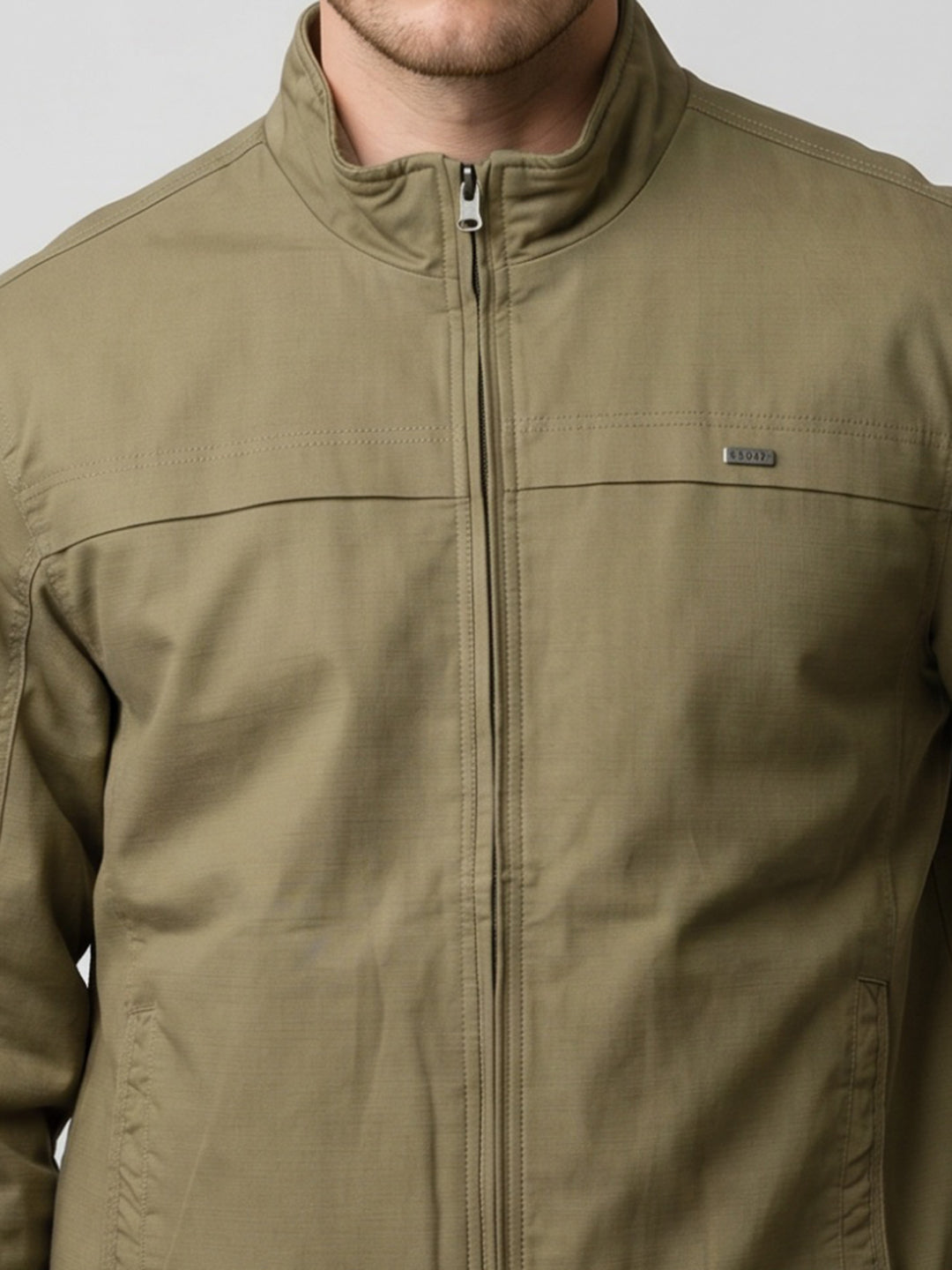 Men Khaki Solid Turtle Neck Full Sleeve Bomber Jacket