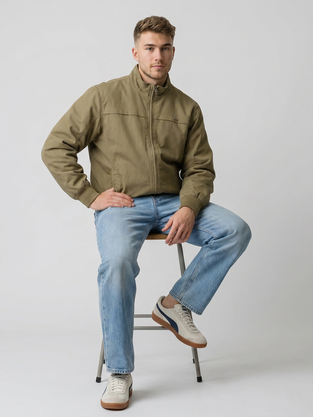 Men Khaki Solid Turtle Neck Full Sleeve Bomber Jacket