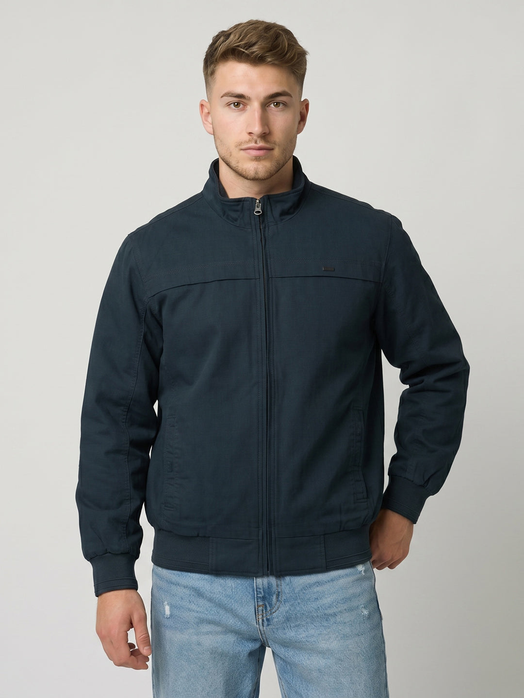 Men Navy Blue Solid Turtle Neck Full Sleeve Bomber Jacket