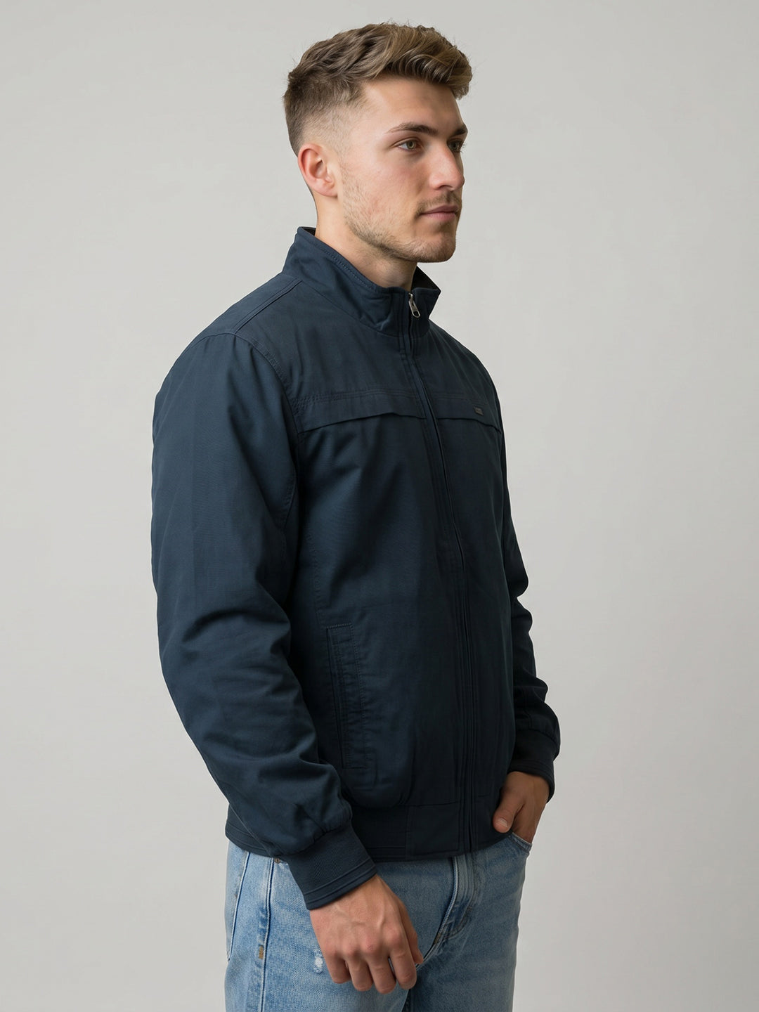 Men Navy Blue Solid Turtle Neck Full Sleeve Bomber Jacket