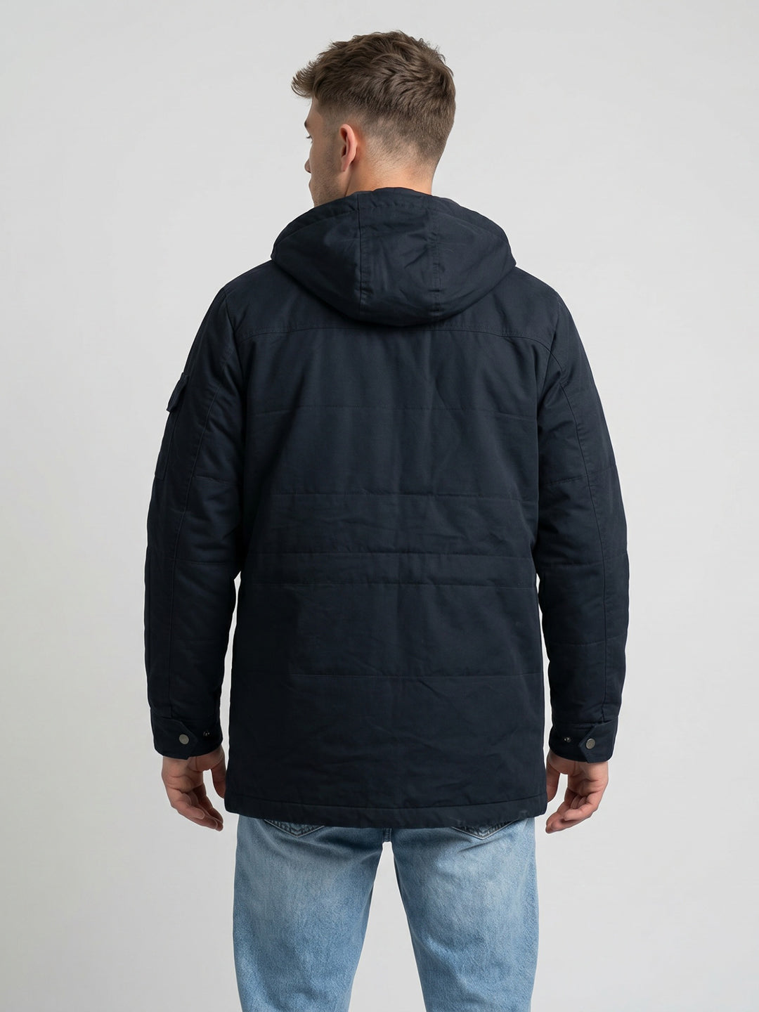 Men Navy Blue Solid Full Sleeve Padded Jacket with Detachable Hood