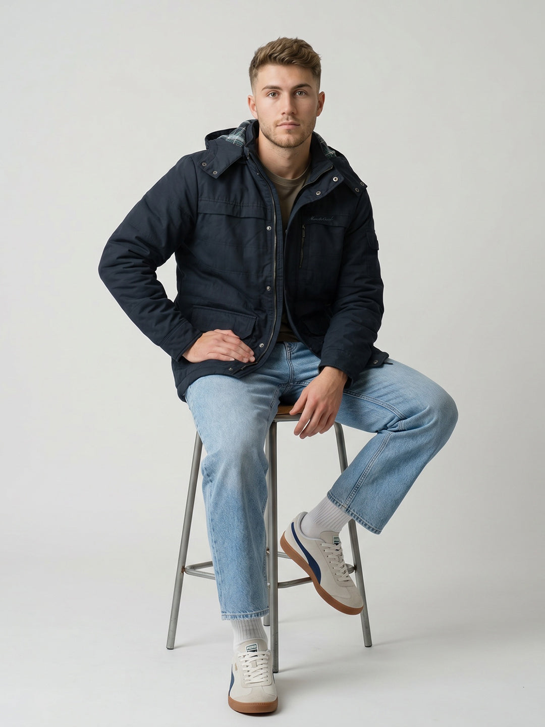 Men Navy Blue Solid Full Sleeve Padded Jacket with Detachable Hood