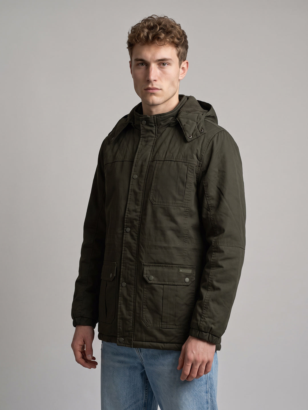 Men Olive Solid Detachable Hood Full Sleeve Parka Jacket