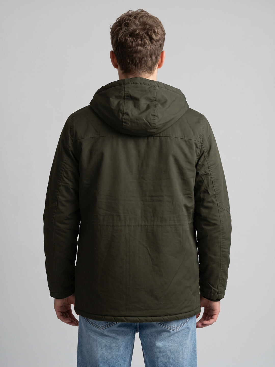 Men Olive Solid Detachable Hood Full Sleeve Parka Jacket