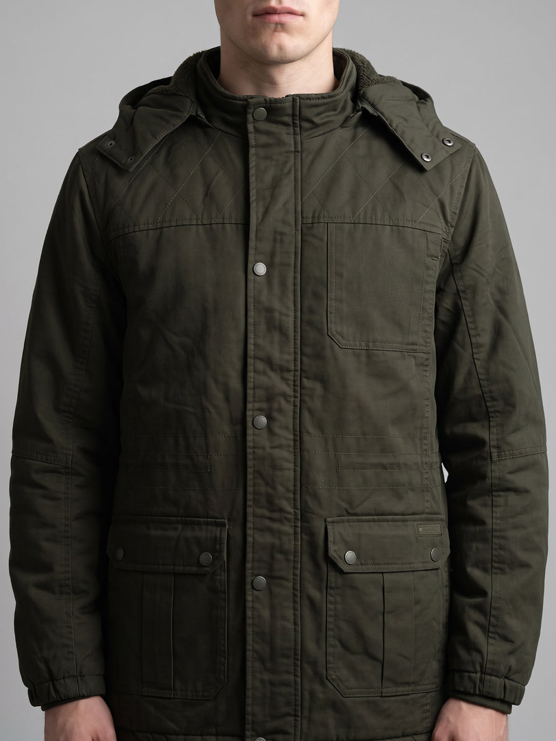 Men Olive Solid Detachable Hood Full Sleeve Parka Jacket