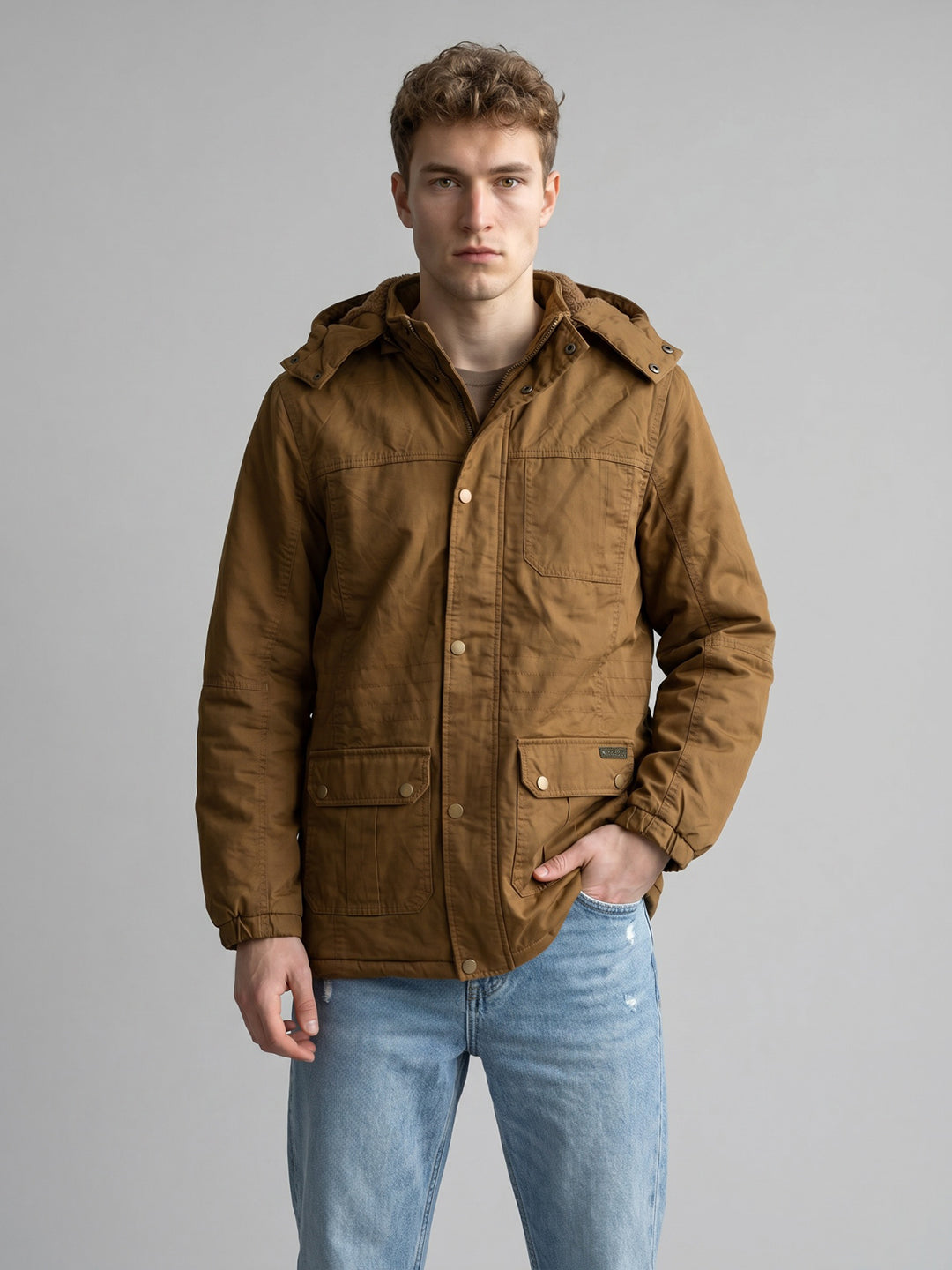Men Brown Solid Detachable Hood Full Sleeve Parka Jacket
