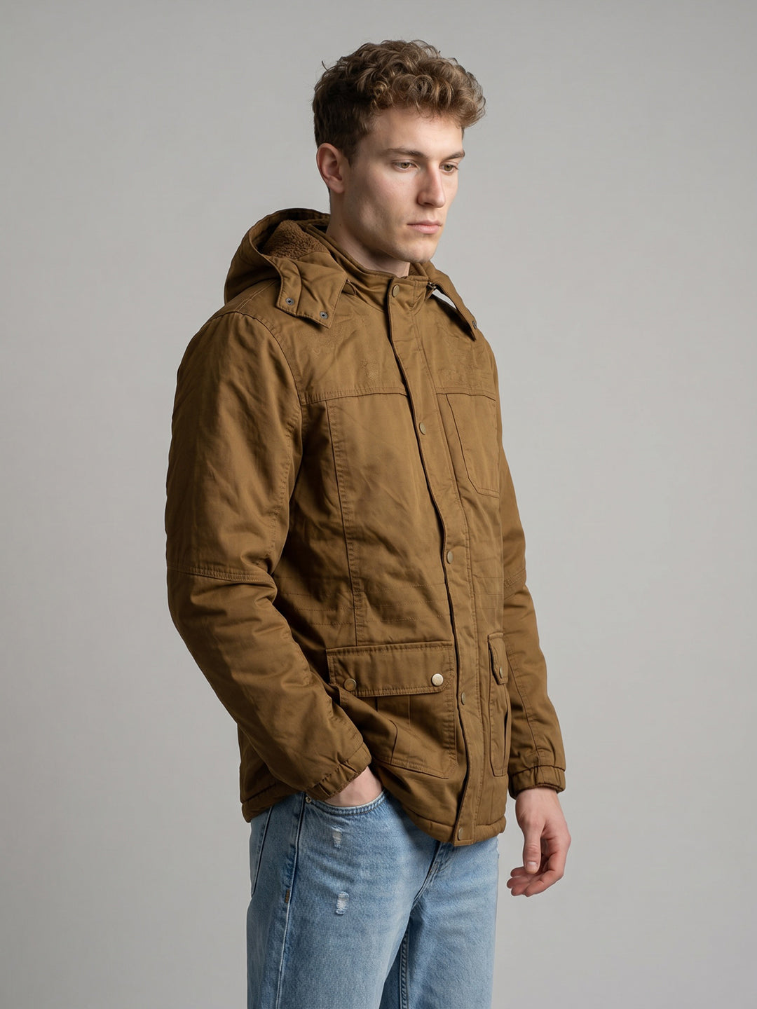 Men Brown Solid Detachable Hood Full Sleeve Parka Jacket