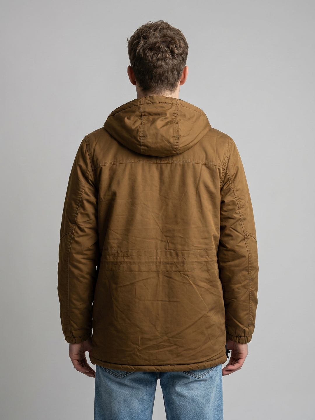 Men Brown Solid Detachable Hood Full Sleeve Parka Jacket